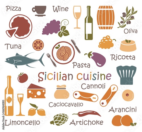 Sicilian cuisine. Set of icons of food and products