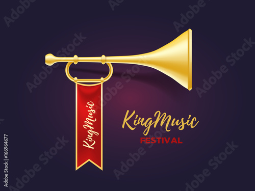 Realistic vector illustration of shiny golden metal trumpet with red ribbon and text on dark background.