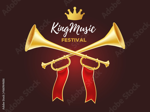 3d design of shiny golden metal horn. Realistic vector illustration of crossed trumpet with red ribbon, crown and text on dark background.
