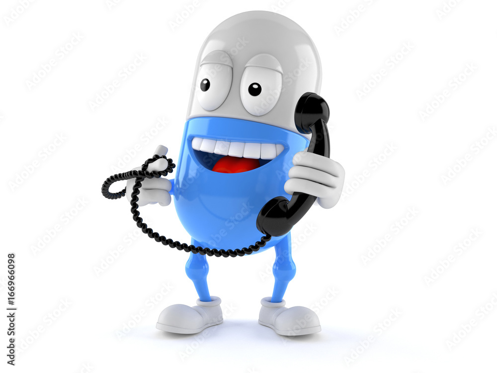 Pill character holding a telephone handset
