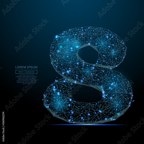 Abstract image of a number eight in the form of a starry sky or space, consisting of points, lines, and shapes in the form of planets, stars and the universe. Vector digit 8 wireframe concept.