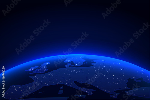 Planet Earth with a spectacular light. Blue globe earth and light horizon from space background. Vector illustration