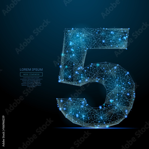 Abstract image of a number five in the form of a starry sky or space, consisting of points, lines, and shapes in the form of planets, stars and the universe. Vector digit 5 wireframe concept.