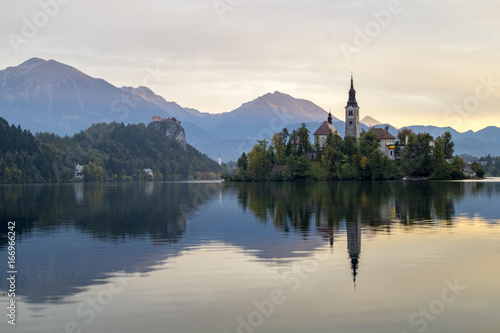 sunrise over a mountain in the Lake Bled in the Julian Alps in Slovenia