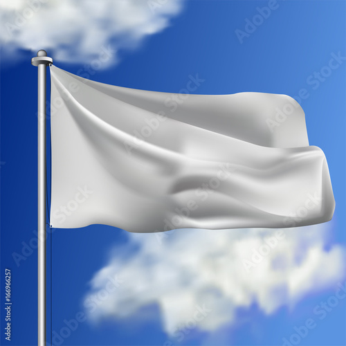 Clean white horizontal waving flag, isolated on sky background. Realistic vector flag mockup. Template for business.