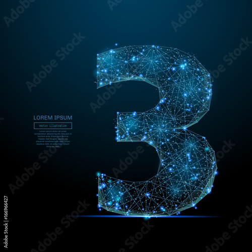 Abstract image of a number three in the form of a starry sky or space, consisting of points, lines, and shapes in the form of planets, stars and the universe. Vector digit 3 wireframe concept.
