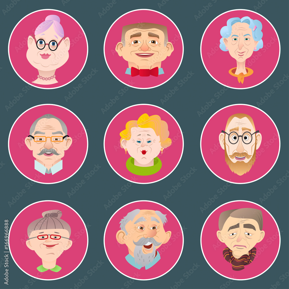 Face of elder people icons set in flat style. Pensioner head collection. Face of elder people icons set in flat style. Pensioner head collection.