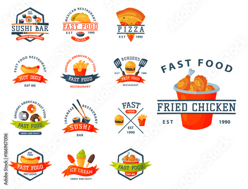Colorful cartoon fast food label logo isolated restaurant tasty american cheeseburger badge mea meal vector illustration.