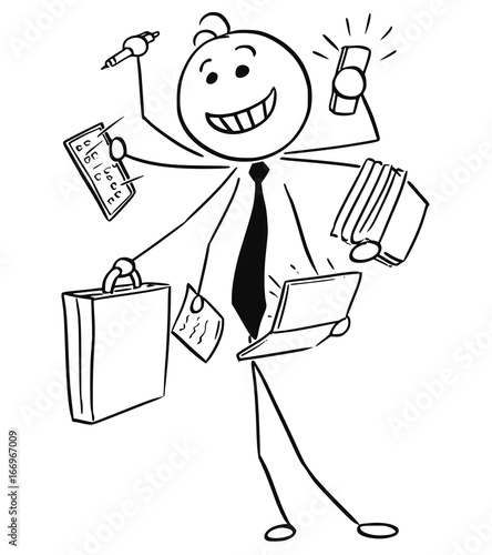 Cartoon Illustration of Smiling Businessman Working on Many Tasks in Same Time