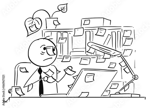 Cartoon Illustration of Office Worker with Stick Notes Everywhere Around