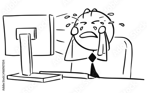 Cartoon Illustration of Office Worker Clerk Manager Crying in Front of the Computer