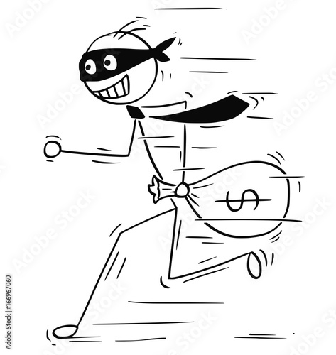 Cartoon Illustration of Smiling Masked Businessman or Clerk Running with Bag of Money