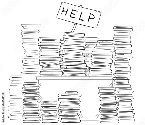 Cartoon Illustration of Clerk or Businessman Lost Behind Office Files on his Desk Waving with Help Sign