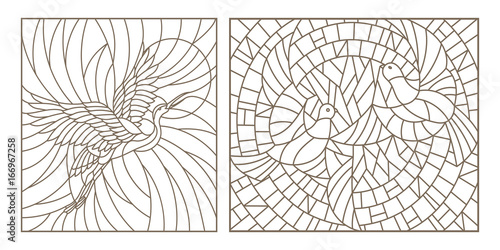 Set contour illustrations of stained glass birds pair of pigeons and stork in the sky and the sun