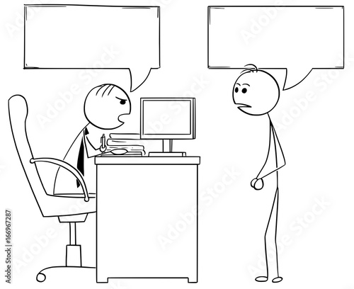 Cartoon Illustration of  Boss Manager Talking with Male Employee in Office, Empty Speech Bubbles Above