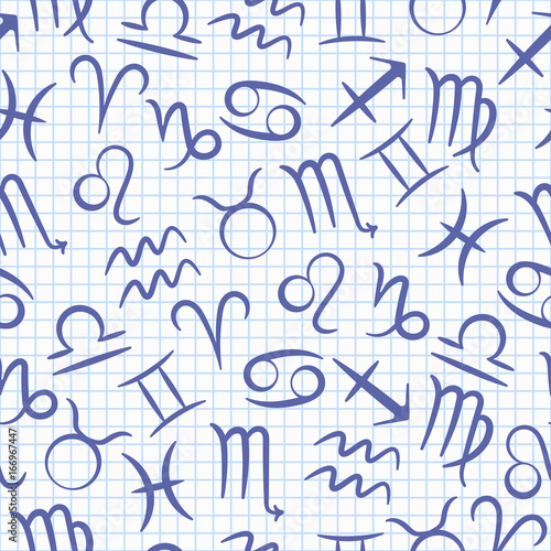 Seamless pattern with zodiac signs, blue signs against a writing-book leaf in a cage 