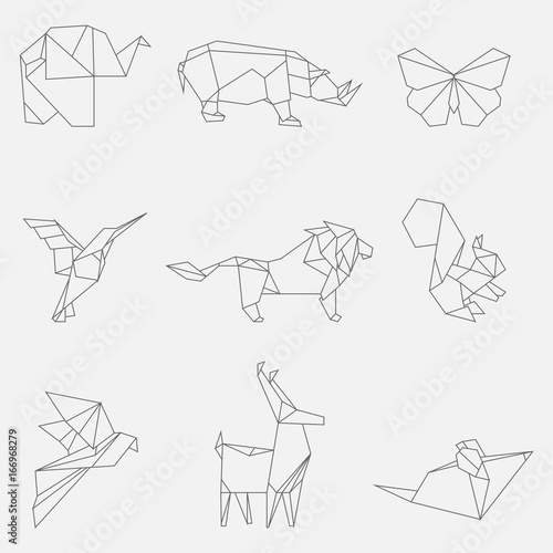 Vector illustration of line origami animals