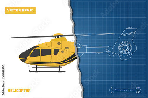 Engineering blueprint of helicopter. Helicopters view: side. Industrial drawing. Vector illustration