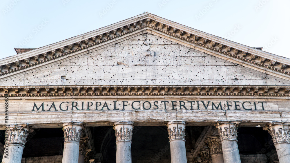 Detail of the latin writings in front of Pantheon in Rome Italy