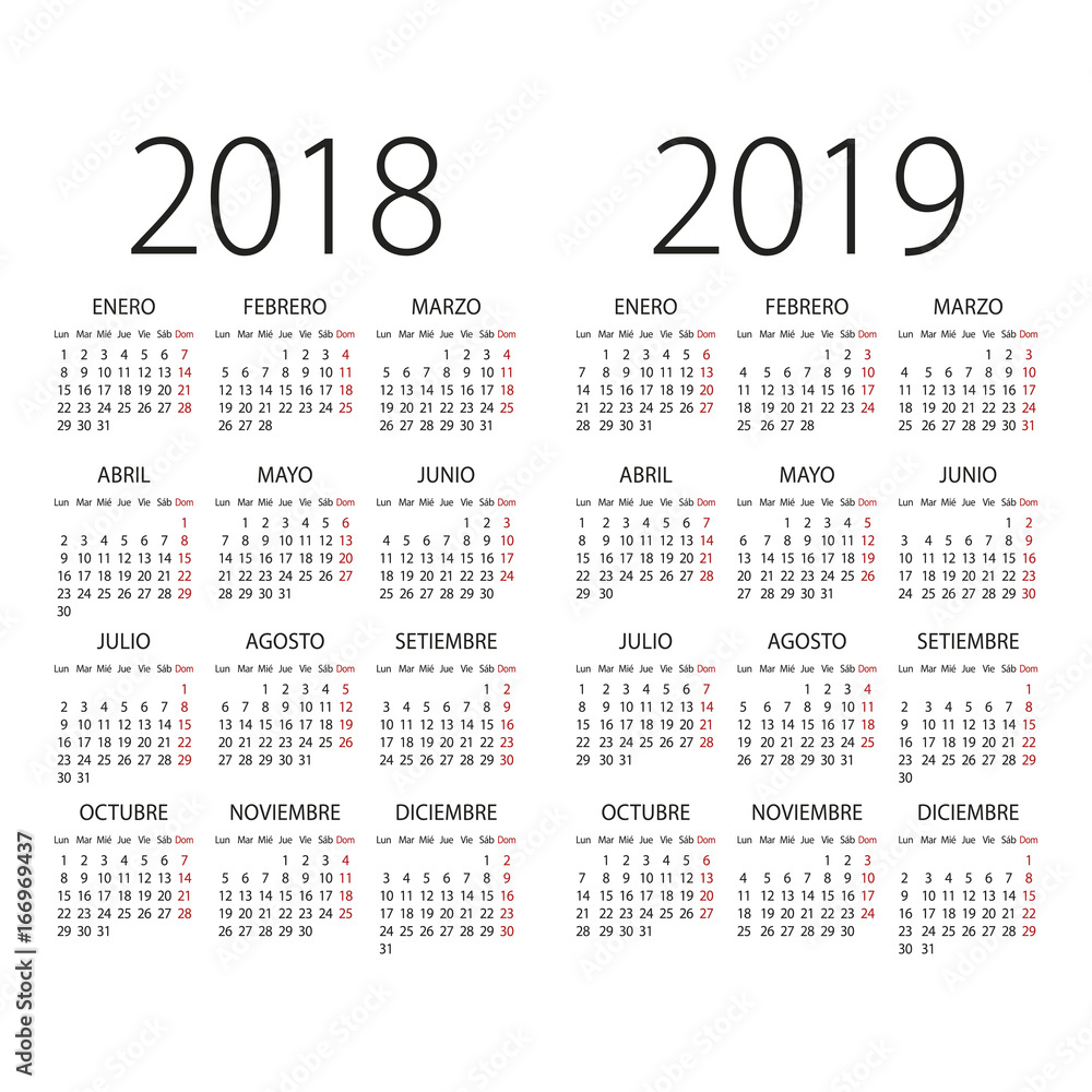 2018 and 2019 years Spanish vector calendar. 2018 and 2019 years Spanish vector calendar.