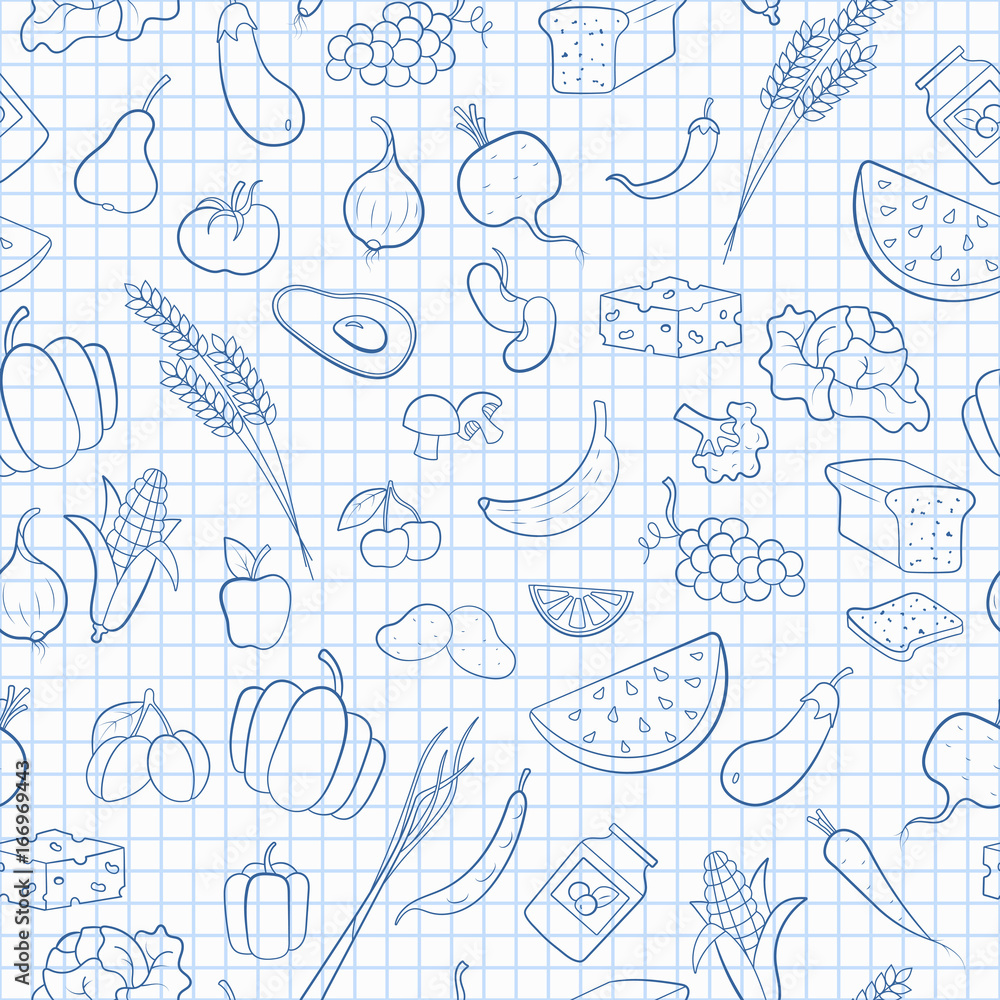 Seamless pattern on the theme of vegetarianism, grocery icons, simple blue  contour  icons on the clean writing-book sheet in a cage