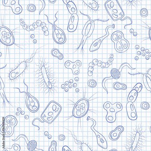 Seamless pattern with contour images of bacteria, germs and viruses ,blue  contour  icons on the clean writing-book sheet in a cage