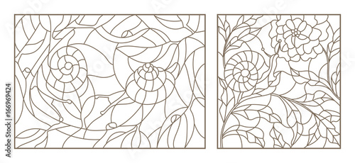 Set of planimetric illustrations of stained-glass windows with snails and plants 