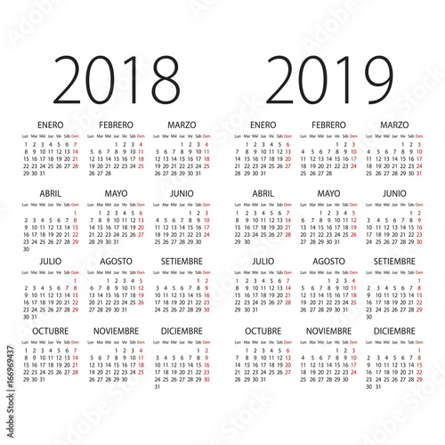 2018 and 2019 years Spanish vector calendar.