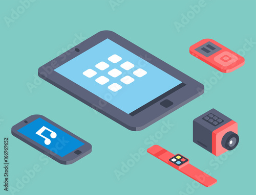 Vector set of isometric computer devices icons wireless technologies mobile communication 3d illustration