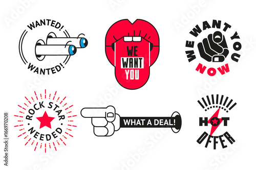 Text WE WANT YOU and mouth: lips with tongue, hand icon with the finger pointing towards you