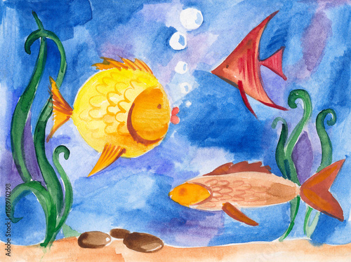 рыбы под водой, море и водоросли, акварельная живопись