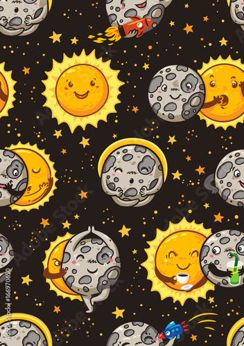 Cute moon practice of yoga. Solar eclipse seamless pattern