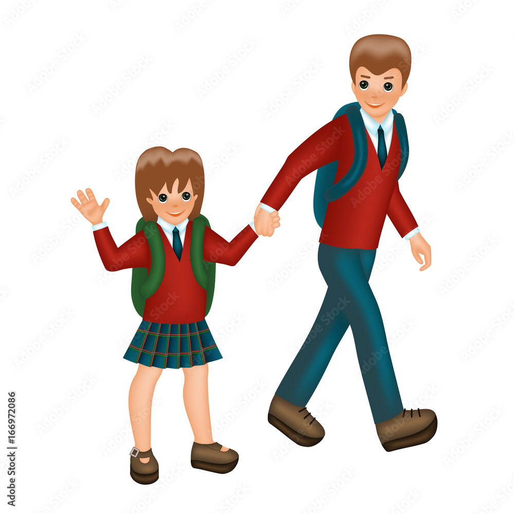 Big brother leads little sister to school. The girl stretching her hand up  for greeting. Children