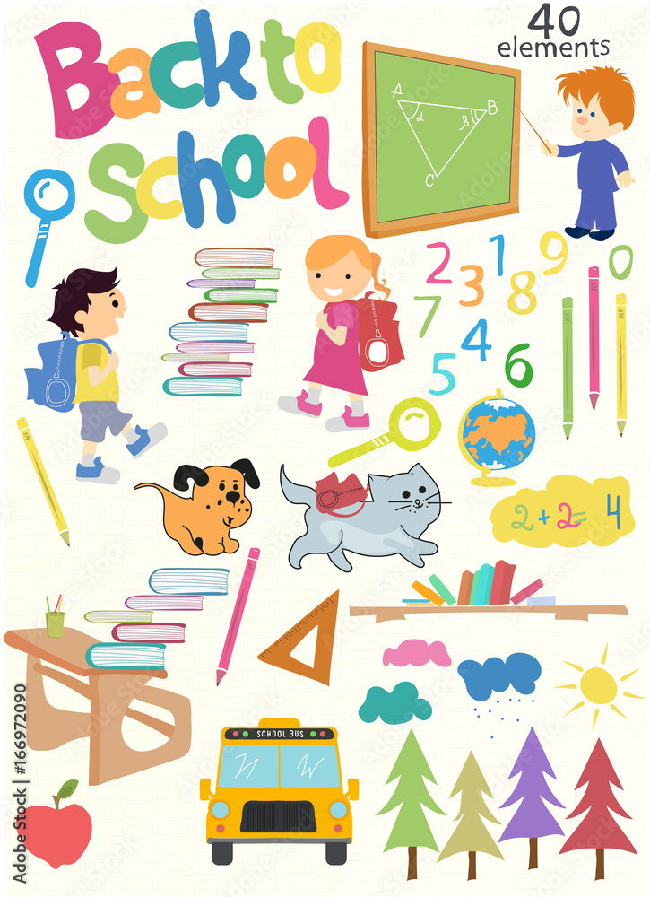 Great set Back to school.  pupils, figures, globe, books, desks, Lunches and much durgee. vector illustration.