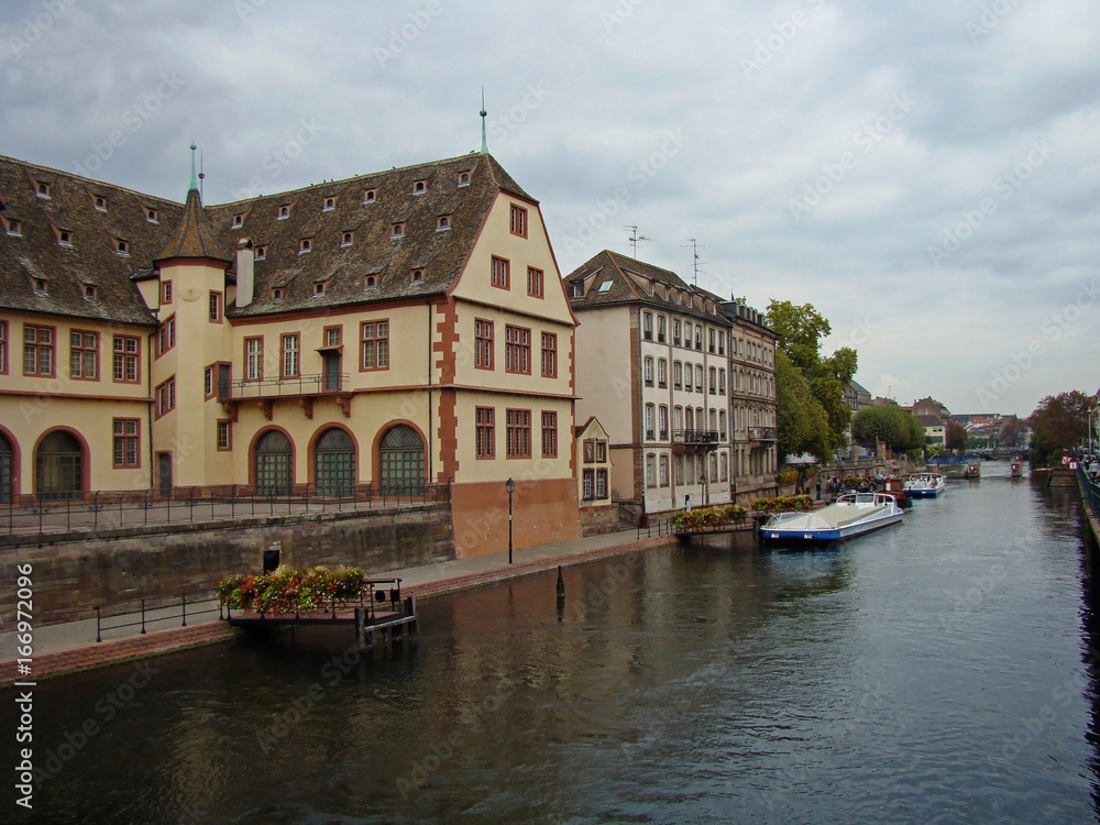 Half-timbered houses along the river channel, Strasbourg, France