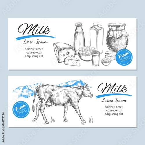 Dairy products banners, labels. Milk products and farm landscape with cow. Milk, curd, yogurt, cheese and other. Farm foods.