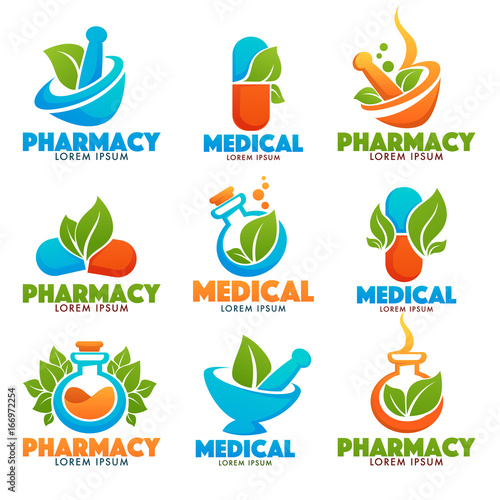 Eco Pharma, Glossy Shine Logo Template with Images of bottles, pounder, pills and green Leaves