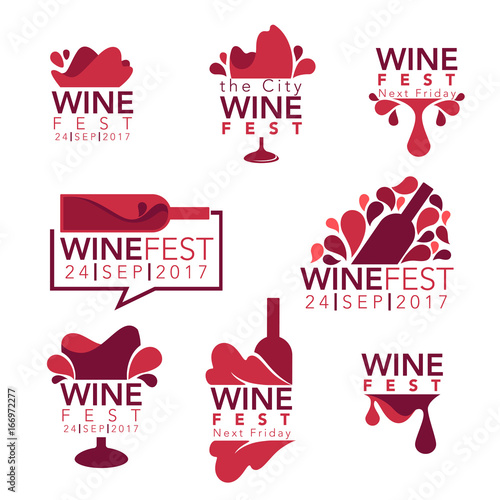 Wine fest, red wine bottles and glasses, logo, emblems, labels
