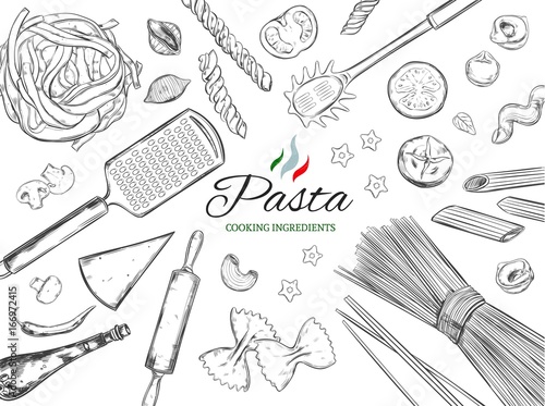 Cooking Italian Pasta template. Different types of pasta. Vector hand drawn illustration. Isolated objects on white. Sketch style