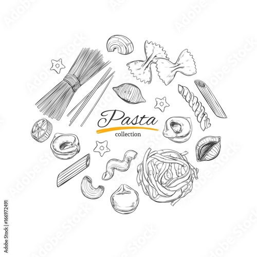 Cooking Italian Pasta template. Different types of pasta. Vector hand drawn illustration. Isolated objects on white. Sketch style