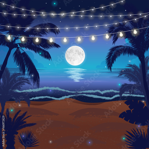 Romantic night beach scene with a full moon, palms and hanging party lights, vector illustration