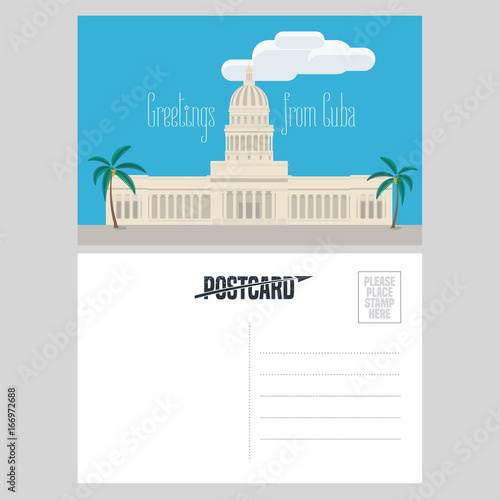 Postcard from Cuba with El Capitolio vector illustration. Greeting card, airmail with template text sent from Cuba with main Cuban architecture landmark