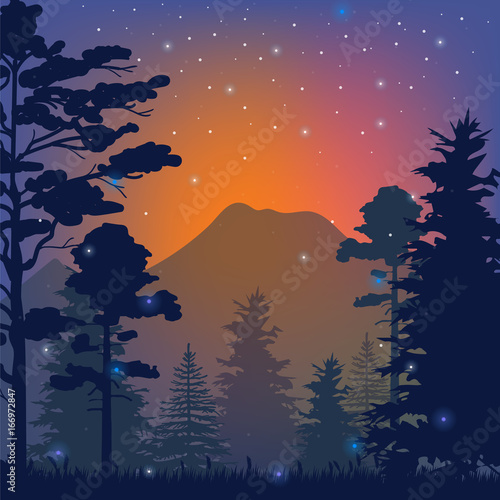 Sunset in the forest vector illustration with starry sky, trees and mountains