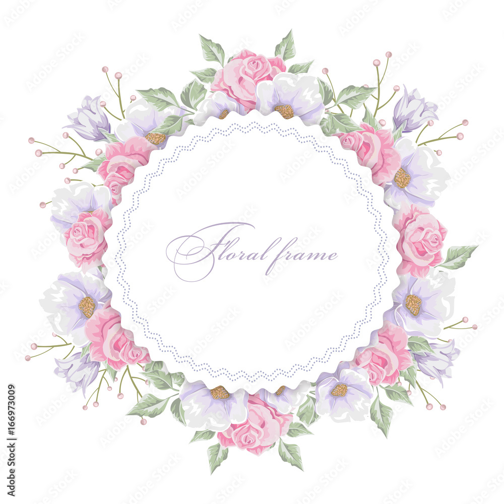 Floral round frame with  bouquets of flowers. Vector border.