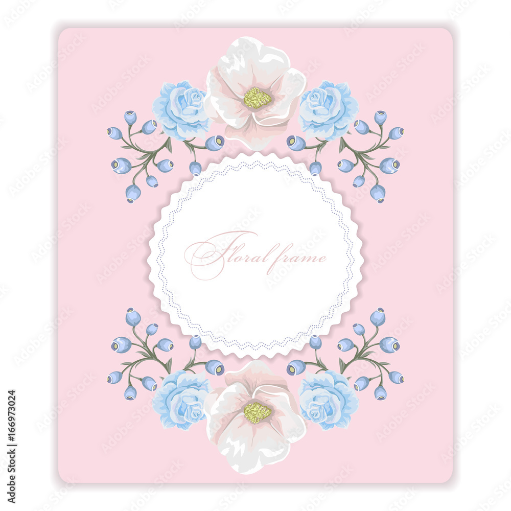 Floral round frame with    bouquets of blue flowers on pink background. Vector border.