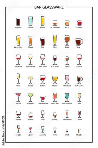 Bar glassware guide, colored icons on white background. Vertical orientation. Vector