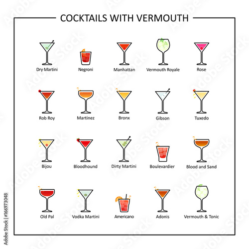 Cocktails with vermouth guide, colored icons on white background. Vector