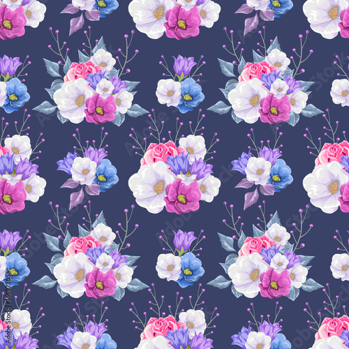 Floral seamless pattern with colorful  bouquets of flowers. 