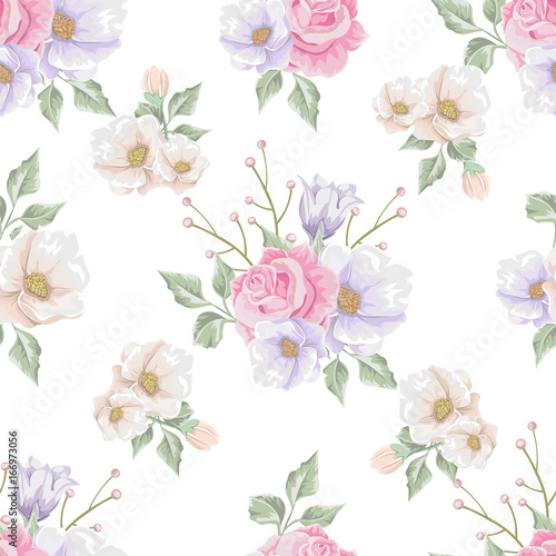 Floral seamless pattern with soft pink bouquets of flowers. Vector hand drawn background.