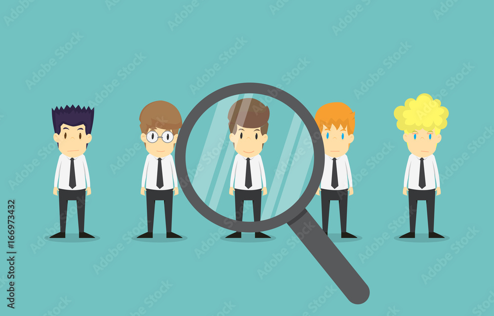 Hand with magnifying glass focused on a businessman person.Business young cartoon happiness of success concept is man character.View businessman emotions moving include icon of man.Vector Illustration Hand with magnifying glass focused on a businessman person.Business young cartoon happiness of success concept is man character.View businessman emotions moving include icon of man.Vector Illustration